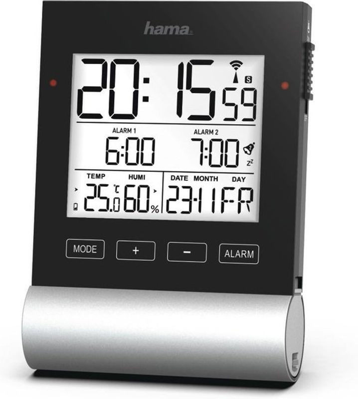 Hama Digital Funkwecker Black Line Schwarz mit Beleuchtung, Thermometer, Hygrometer und Datumsanzeige - Bild 1