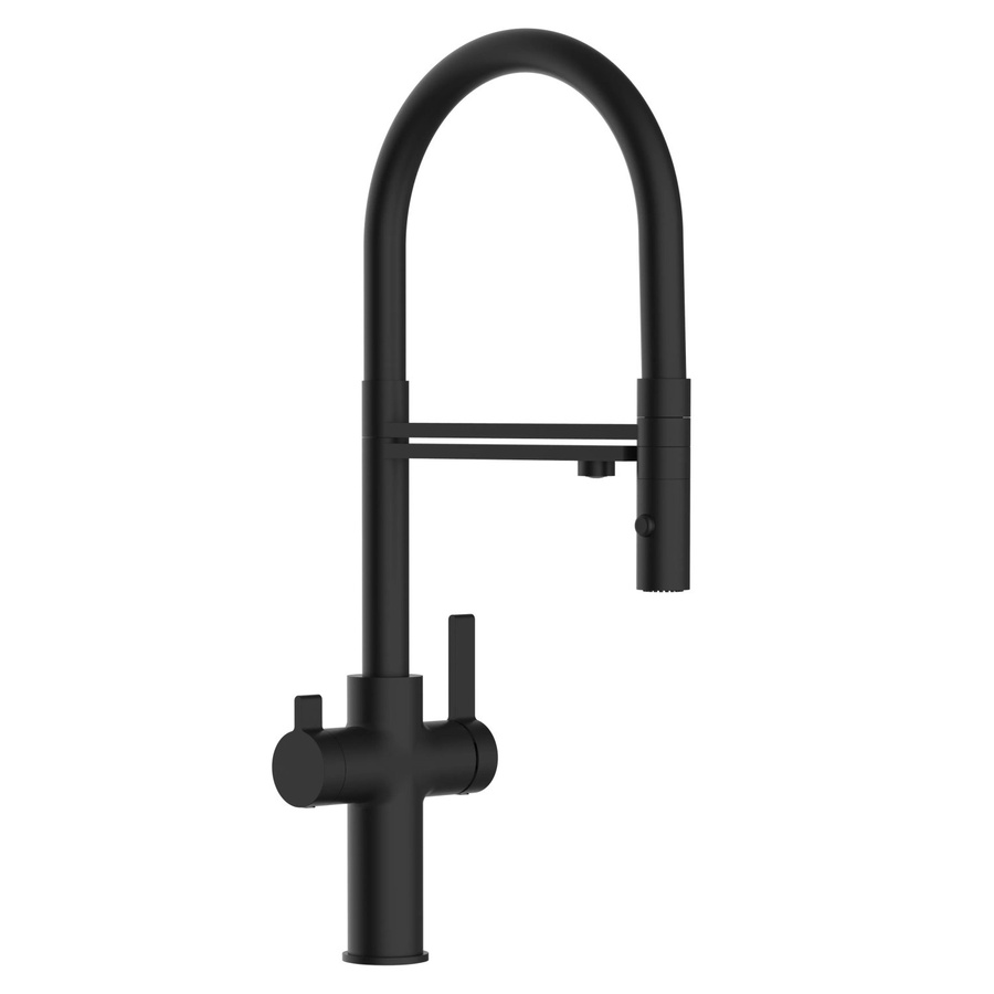 Vizio Küchenarmatur mit 3-Wege-Niederdruck-Wasserhahn, 360° schwenkbarer Auslauf und abnehmbarer 2-Strahl-Handbrause, Schwarz Matt - Bild 2