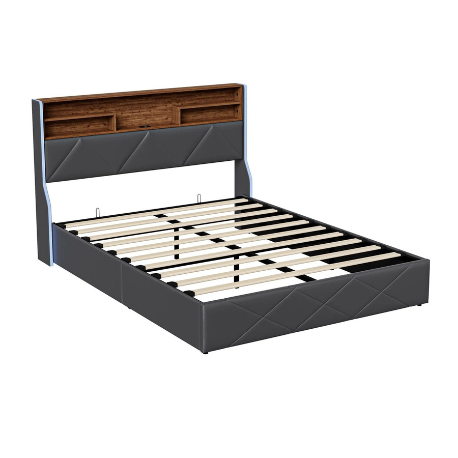 PXloue Polsterbett mit Bettkasten und LED-Beleuchtung, USB-Anschluss und Lattenrost, Grau, B/T/H: 160 x 200 x 115 cm - Bild 2