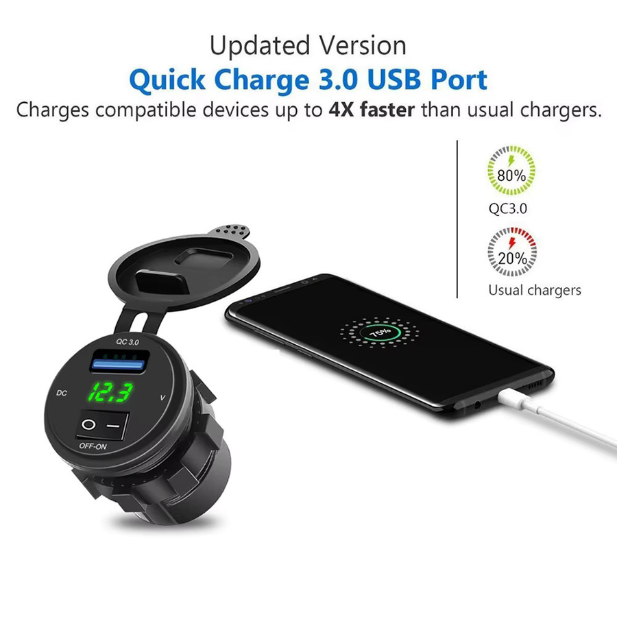 Kankeirr 18W QC3.0 USB-Autoladegerät mit LED-Voltmeter und EIN/AUS-Schalter, wasserdichte USB-Steckdose für Auto, ATV, Boot und Motorrad, Schwarz - Bild 3
