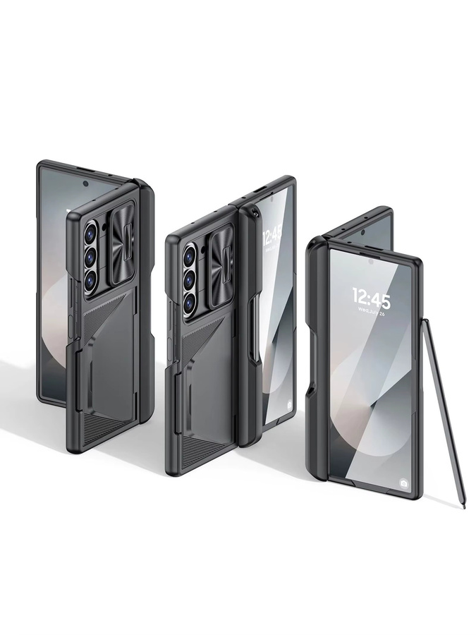 BANGZAO Schutzhülle für Samsung Galaxy Z Fold 6 mit RFID-Kartenhalter, S-Pen Halter und Kameraabdeckung, stoßfeste Silikon-Handyhülle, Schwarz - Bild 6