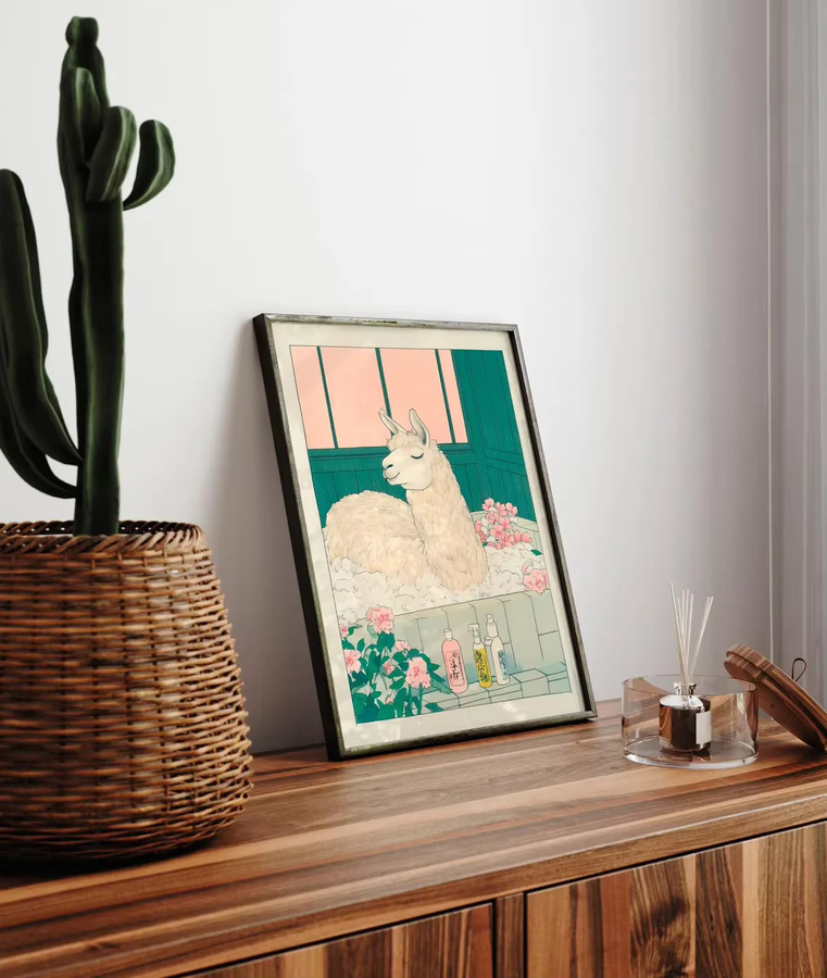 Ukiyo-e Llama Bathtime Wanddekor SHENCHEN - Japanischer Holzschnitt-Stil Poster mit Lama in rosa Schaumbad, Mehrfarbig - Bild 4
