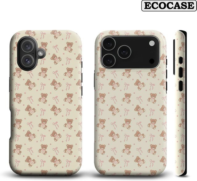 Potdemiel Handyhülle Blush Teddy & Ribbon Pattern für iPhone 17 16 15 14 13 12 Pro Max Plus mit doppelschichtiger Rückseite in Pink - Bild 1