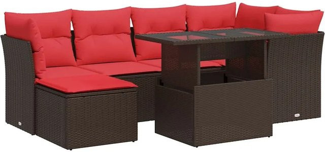 vidaXL 7-teilige Garten-Sofagarnitur in U-Form aus braunem Poly-Rattan und Akazie mit UV-beständigen Kissen - Bild 1