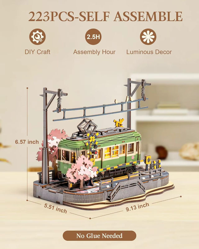 Robotime Sakura Journey Tram 3D-Holzpuzzle mit LED-Leuchten in Grün - Bild 2