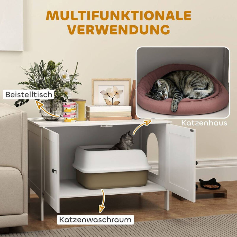 PawHut Katzenklo-Schrank mit Tür und Trennwand in Weiß, Beistelltisch und Katzenhaus aus MDF, B/T/H: 80 x 51 x 54 cm - Bild 4