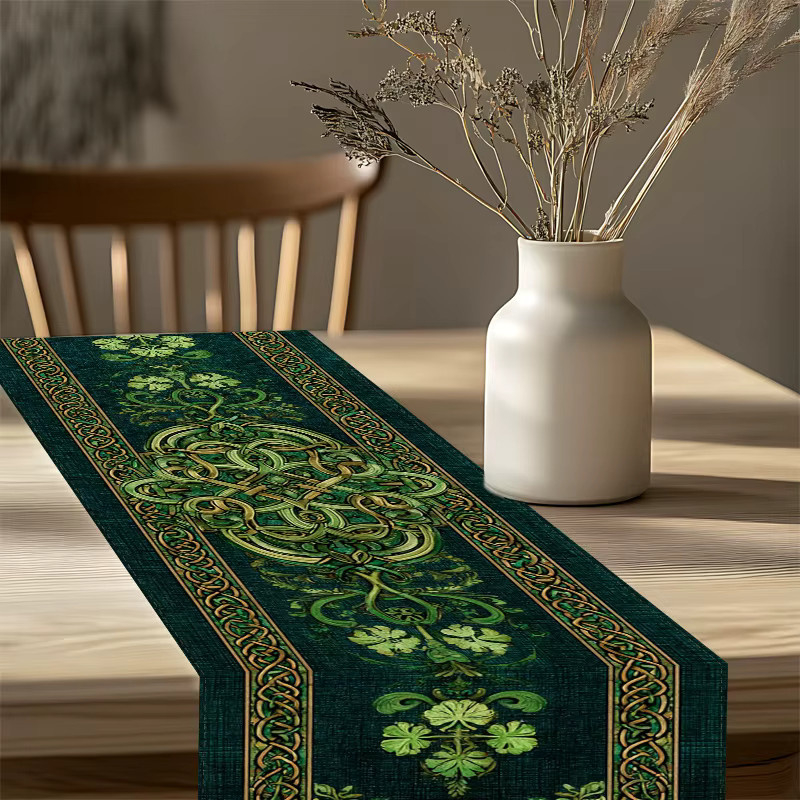 VIKAMA Tischläufer mit keltischem Kleeblatt-Motiv aus Leinen, Grün, B/H: 90 x 33 cm - Bild 5