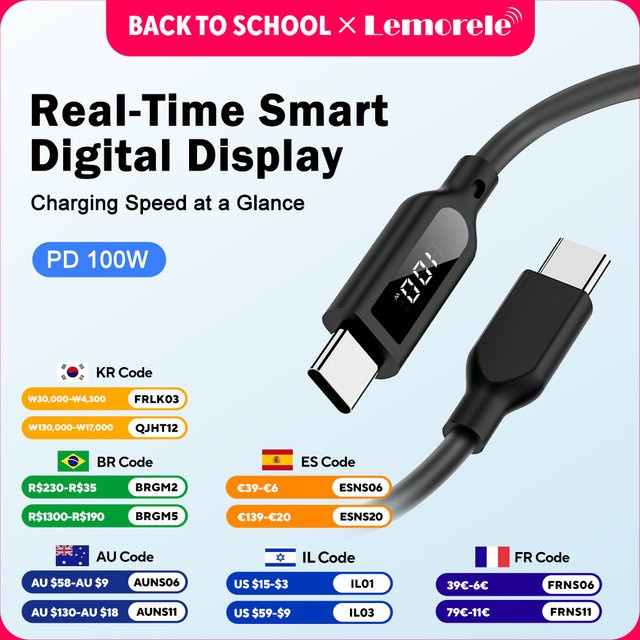 Lemorele USB-C-Kabel mit Digitalanzeige, 100 W Schnellladefunktion und 480 Mbit/s Datenübertragung, Silikonkabel in Schwarz - Bild 1