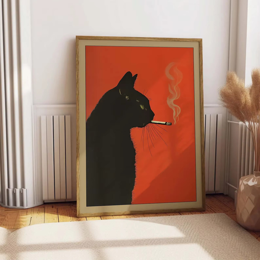 Vintage Poster von SHENCHEN mit einer rauchenden schwarzen Katze als skurriles Wanddekor aus Papier - Bild 3