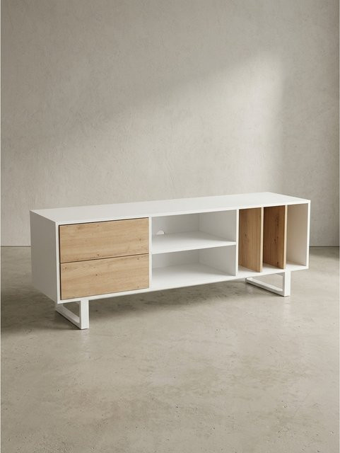 Modernes TV-Lowboard von KADIMA DESIGN in Eiche-Dekor und Weiß mit Schubladen und offenem Regal, B/T/H: 150 x 40 x 55 cm - Bild 1