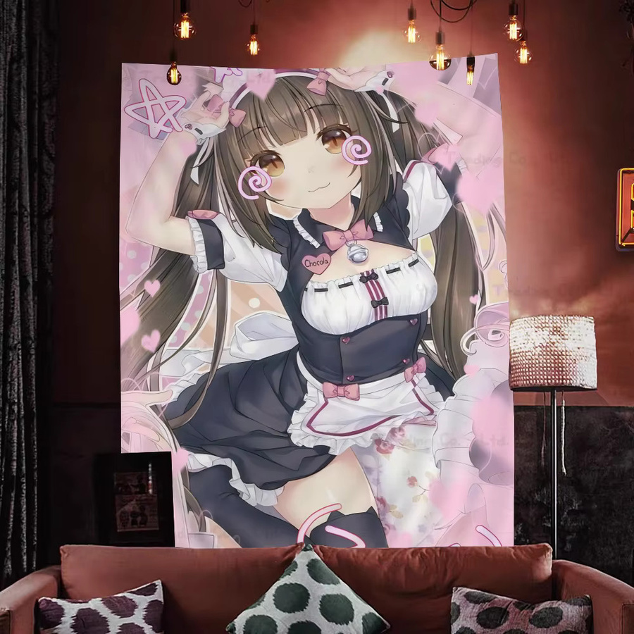 Mesuca Wandteppich Neko Para Chocola Vanille Anime Motiv in Pink mit Herz-Illustration im Boho-Stil, Breite: 70 cm, Höhe: 50 cm - Bild 3