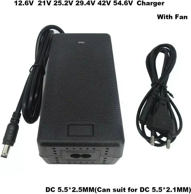 BAYADOU Lithium-Ionen-Ladegerät mit Lüfter für 12V 24V 36V 48V Akkus, DC mit Barrel-Plug, Schwarz - Bild 1