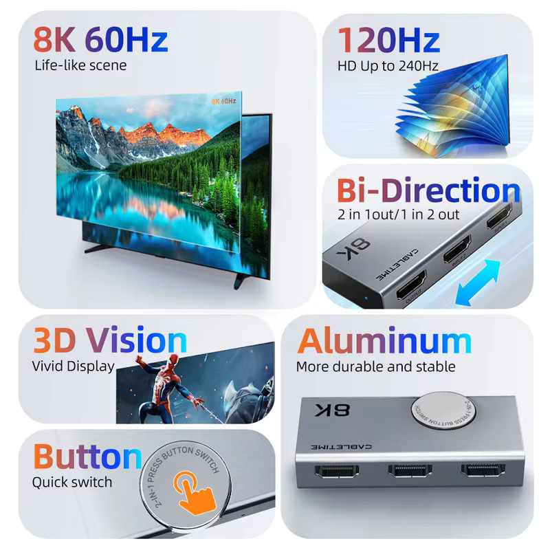 CABLETIME HDMI Splitter 2 in 1 Switcher mit 8K 60Hz und 4K 120Hz Unterstützung sowie 3D Vision in Aluminium-Design für Laptop und MacBook - Bild 2