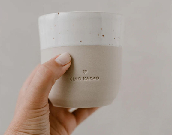 Eulenschnitt Becher Ciao Kakao aus Keramik in Weiß, Volumen: 320 ml