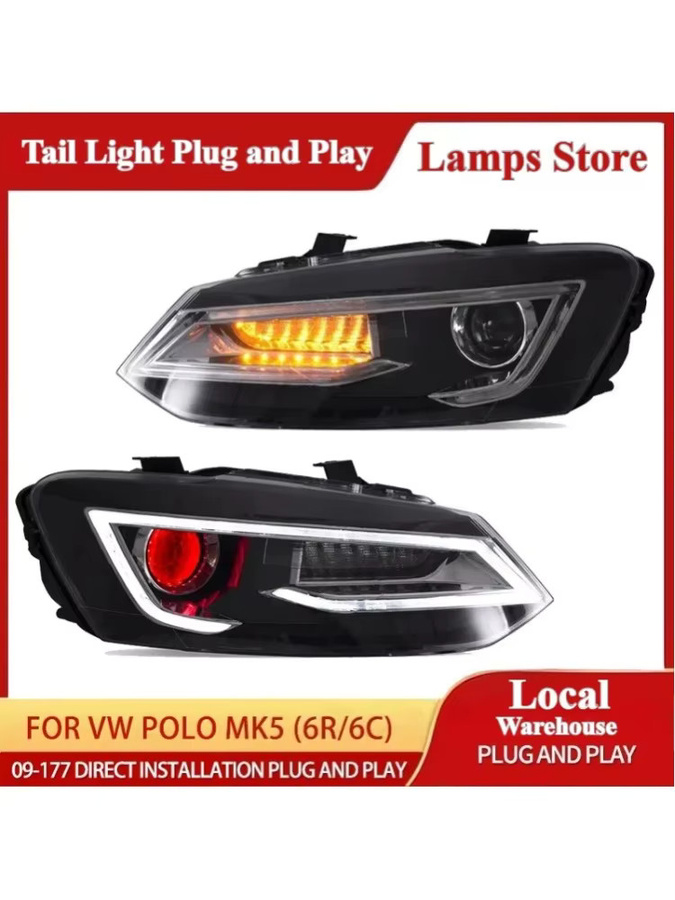 Carinamoba Dual-Beam-Projektor-Scheinwerfer für VW Polo MK5 6R 6C 2009-2017 mit Demon Eyes LED DRL und sequenziellem Blinker in Schwarz - Bild 1