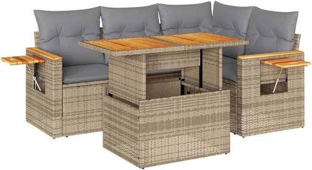 vidaXL 5-teilige Garten-Sofagarnitur in L-Form aus Polyrattan und Akazienholz mit Kissen und Stauraum, Beige-grau - Bild 1
