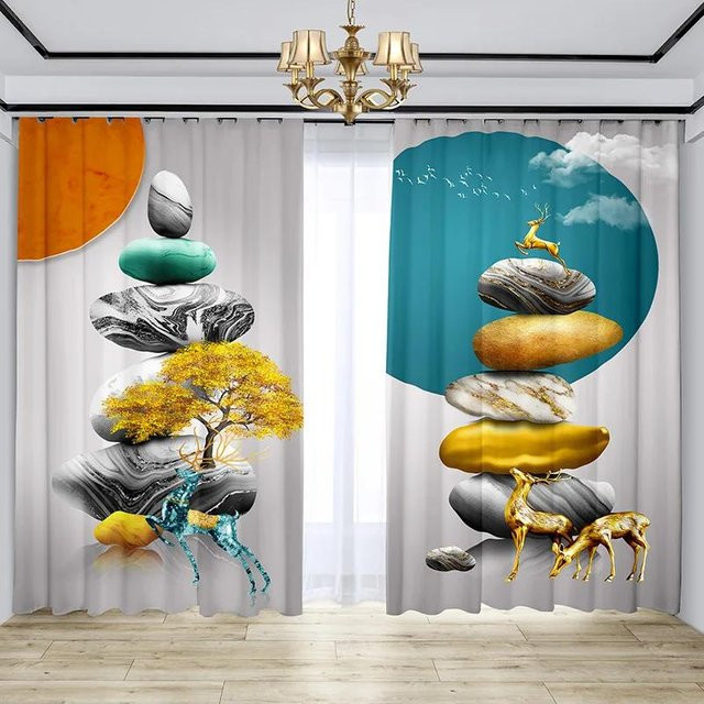 Yiran Furniture Vorhang Set mit Elch- und Vogelmotiv, 2er Pack, Modernes Design, Semitransparent, Multicolour, B: 55 cm, H: 120 cm - Bild 1