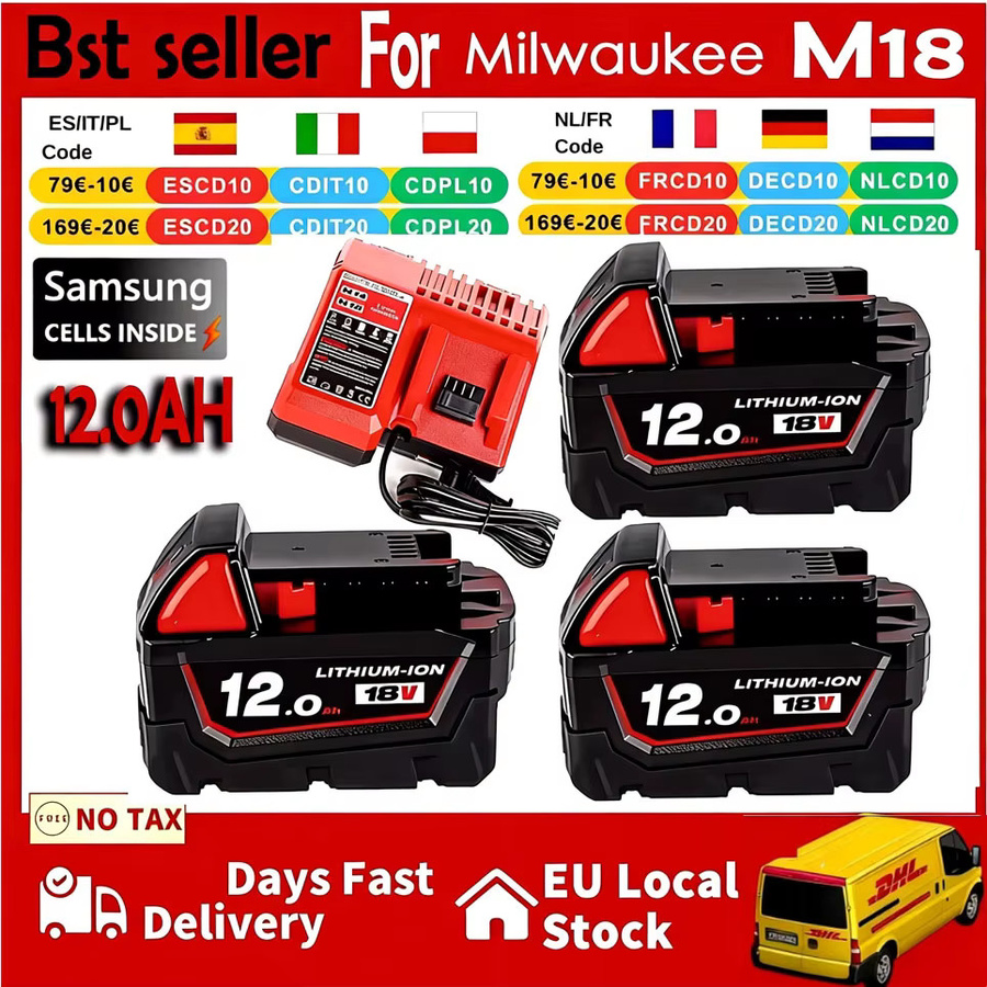 Milwaukee Ersatzakku 18V 12Ah in Rot passend für M18HB8 und M12-18FC Ladegeräte 48-11-1812, 48-11-1850, 48-11-1852 - Bild 1