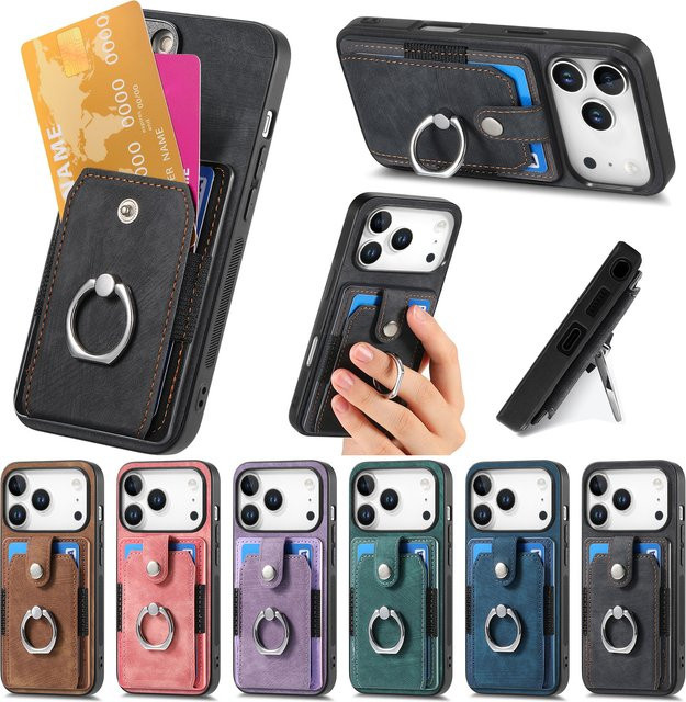 Leder-Schutzhülle mit Ringkartenhalter für Apple iPhone 11 bis 17 Pro Max in Braun - Bild 1