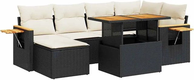 vidaXL 7-teilige Garten-Sofagarnitur in L-Form aus Poly-Rattan und Akazienholz mit Kissen in Schwarz und Cremeweiß - Bild 1