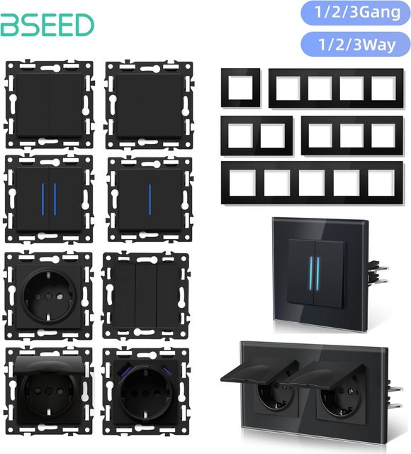 BSEED E-Serie Schaltermodule und Wandsteckdosen Kombination, 1/2/3-fach Drucktastenschalter mit Anzeigeleuchte, Schwarz, Breite: 8,6 cm - Bild 1