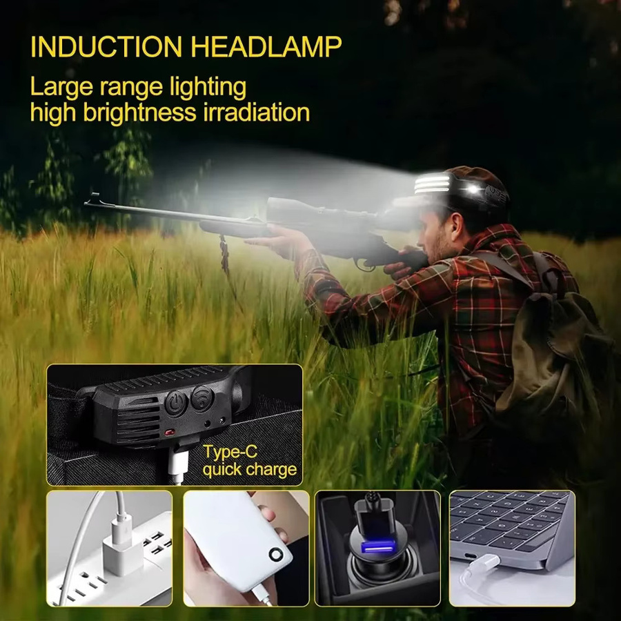 KDULIT LED COB Sensor-Flutlicht Arbeitsleuchte Schwarz, wiederaufladbare Wasserdichte Stirnlampe für Camping, Angeln und Outdoor-Einsätze - Bild 3