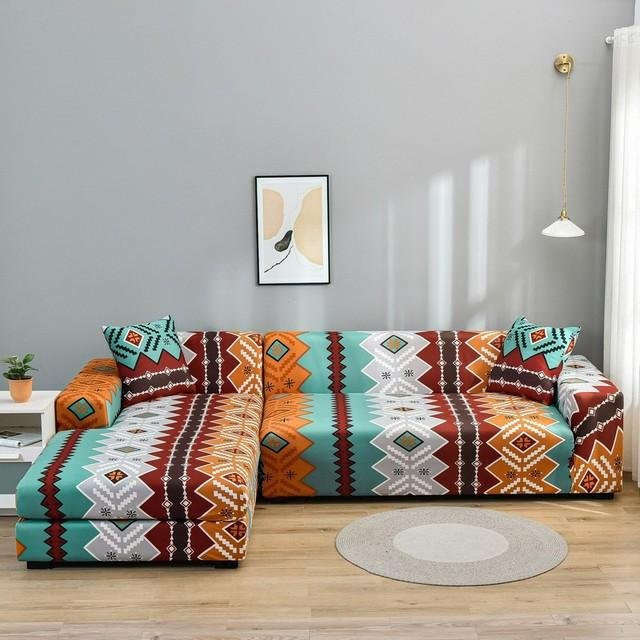 Housmife Elastischer Sofabezug mit Ethnic-Grafikdesign, Stretch-Schonbezug für L-förmige Sofas, Mehrfarbig, Breite: 145-185 cm - Bild 1