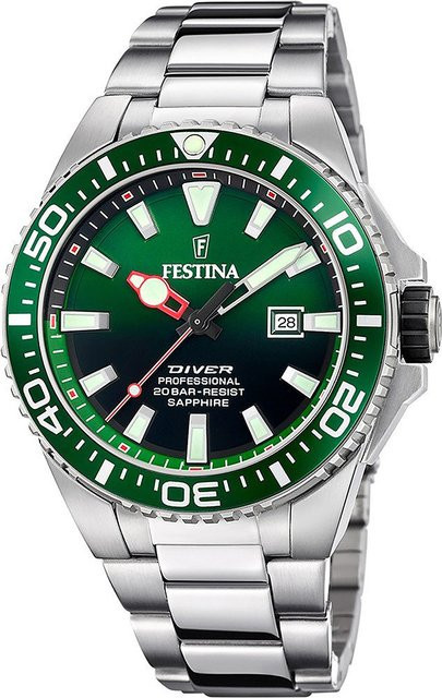 Festina Herrenuhr, Taucheruhr, Quarz, Edelstahl, Grün, 46 mm, 20 ATM - Bild 1