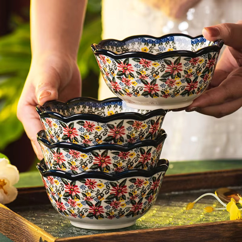 Daiso Keramikschalen im Töpferstil mit floralem Blumenmuster und wellenförmigen Kanten, Mehrfarbig - Bild 6