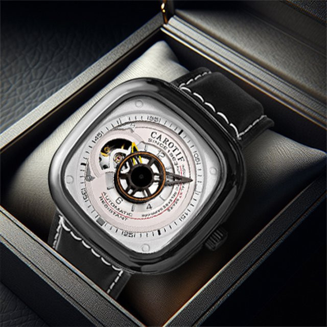CAROTIF Armbanduhr, Automatik, eckig, Leder, Schwarz, Weiß, Herren - Bild 1