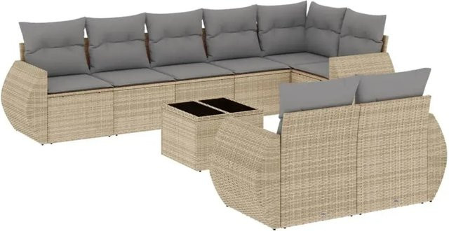 vidaXL 9-tlg. Garten-Sofagarnitur in L-Form aus Poly-Rattan mit Kissen in Beige - Bild 1
