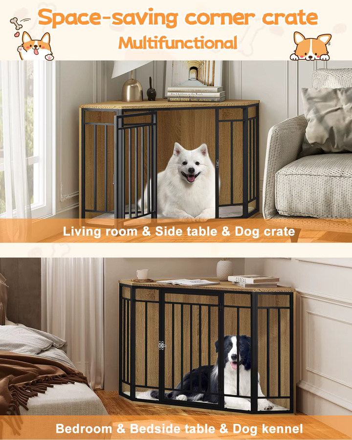 EUGAD Eck-Hundebox Beistelltisch in Braun, Hundezwinger Indoor mit abschließbarer Tür für große, mittlere und kleine Hunde, B/T/H: 111 x 67 x 60 cm - Bild 4