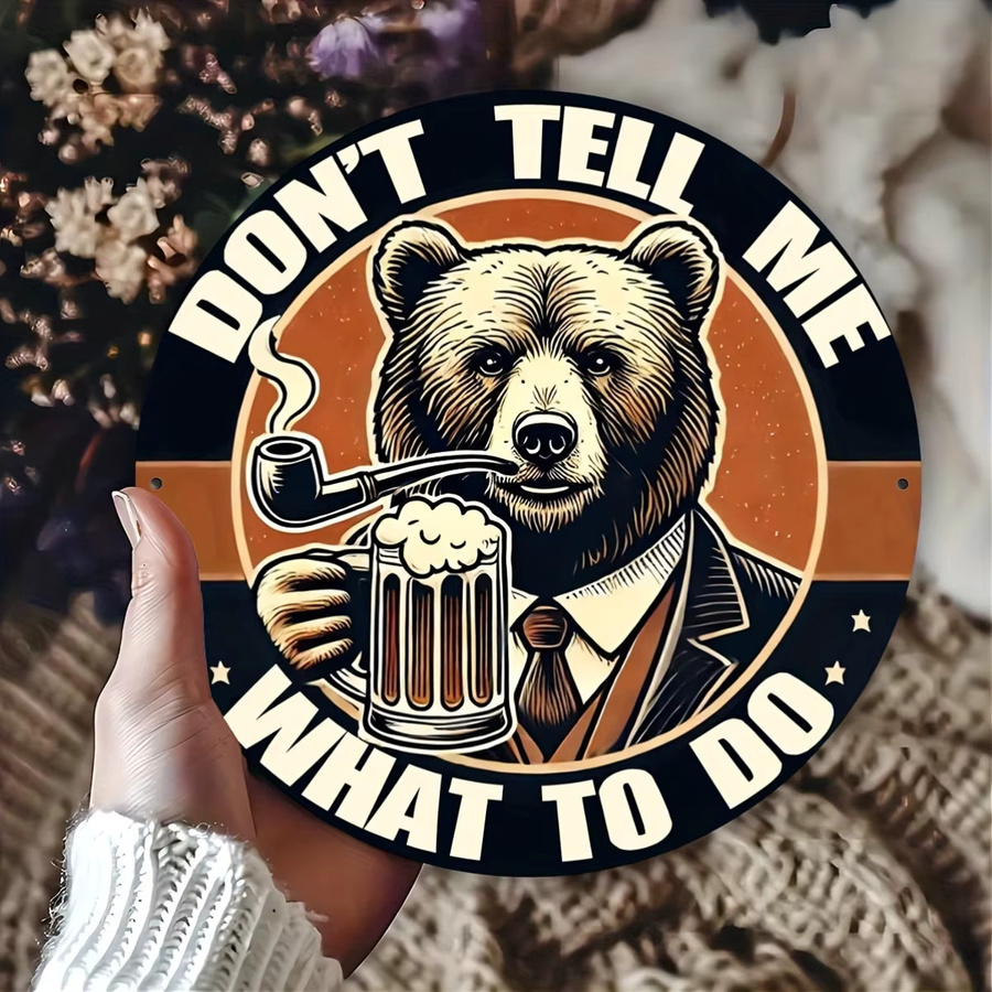 Vintage Wanddekoration Potdemiel mit Bär und Don't Tell Me What to Do Schriftzug, runde Metall-Wandgestaltung im Retro-Design, Mehrfarbig - Bild 5