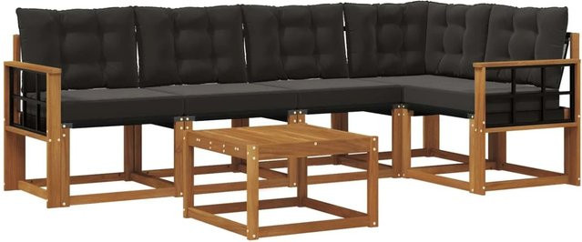vidaXL Outdoor-Sofagarnitur 6-teilig aus Akazienholz und Textilene in Schwarz und Natur mit Kissen und Armlehnen - Bild 1
