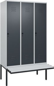 C+P Spind Classic PLUS Garderobenschrank mit Sitzbank, 3 Abteile, B/T/H: 212 x 120 x 81,5 cm, Lichtgrau, mit Sicherheits-Drehriegel und 4 Garderobenhaken - Bild 1