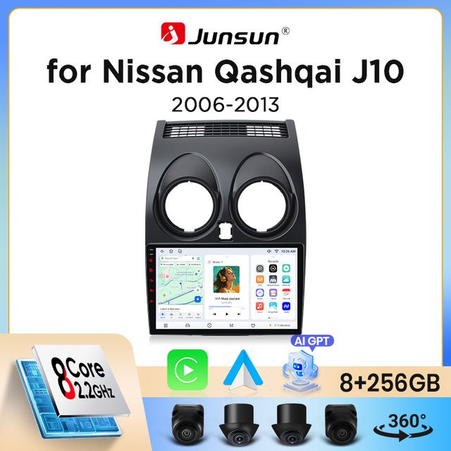 Junsun Wireless CarPlay und Android Auto Autoradio für Nissan Qashqai J10 2006-2013 in Schwarz mit GPS-Navigation, WiFi, Bluetooth und IPS-Touchscreen - Bild 1