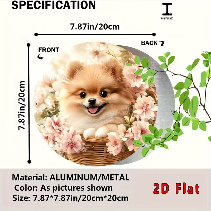 Potdemiel Vintage Aluminiumschild Rund mit Pomeranian im Blumenkorb, Durchmesser: 20 cm, Mehrfarbig - Bild 3
