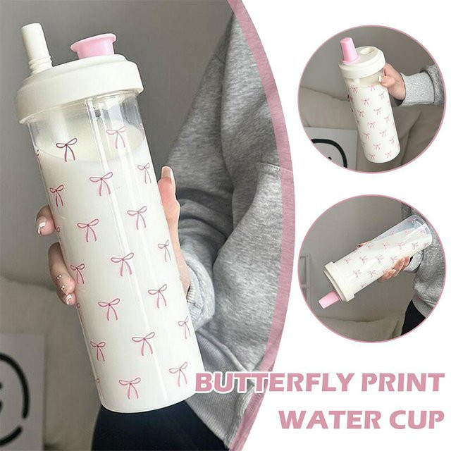 YOCITY Trinkbecher mit Strohdeckel in Pink, 700 ml Tragbarer Tumbler mit Schleifen-Print - Bild 1