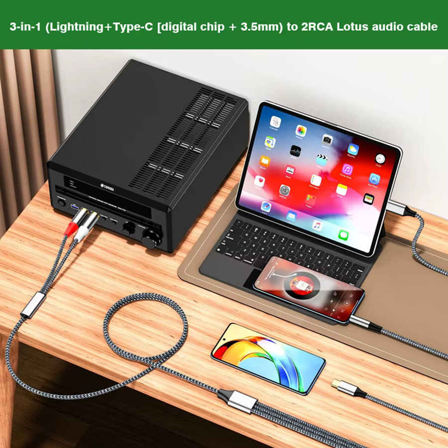 3-in-1 Audio-Adapter Set mit 3,5 mm Klinke, USB-C und Lightning auf 2 Cinch-Audiokabel für Verstärker, Auto und Heimkino-Lautsprecher - Bild 2