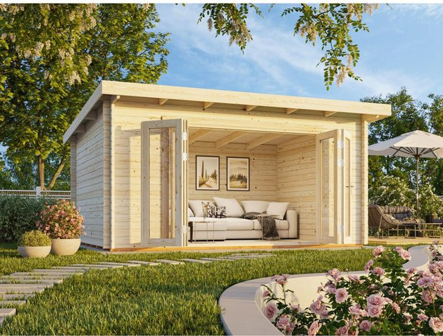 Palmako Lea Holz-Gartenhaus Grau mit Pultdach in Blockbohlenbauweise B/T: 450 x 330 cm - Bild 1