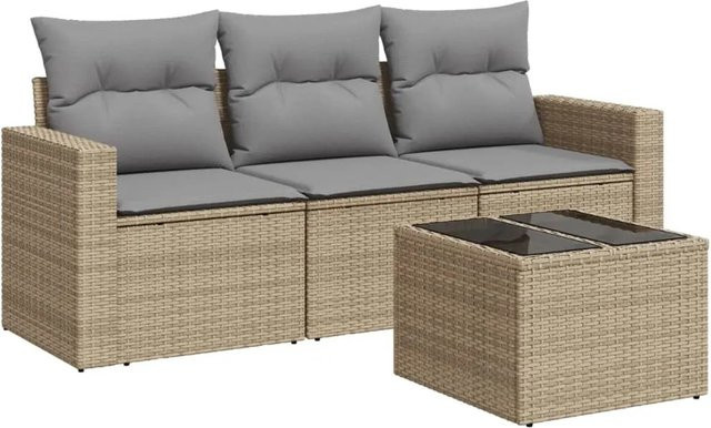 vidaXL 4-tlg. Garten-Sofagarnitur in L-Form mit Kissen und Couchtisch, Beige/Grau, Poly-Rattan und Metallgestell - Bild 1