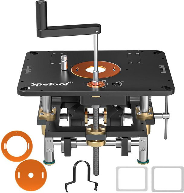 SpeTool P01002 Professionelles Fräser-Hebesystem aus Aluminium für Oberfräsen mit präziser Einlegeplatte und DIY-Schablone - Bild 1