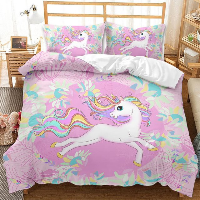 Binchi Fitness 3-teiliges Bettwäscheset mit Einhorn-Motiv in Rosa, Bettbezug und Kissenbezüge aus Mikrofaser, B/H: 150 x 200 cm - Bild 1
