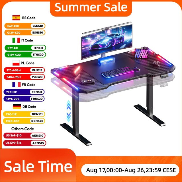 FRODROVIA Elektrisch höhenverstellbarer Gaming-Schreibtisch mit App-gesteuerter LED-Beleuchtung und Carbonfaser-Oberfläche in Schwarz - Bild 1