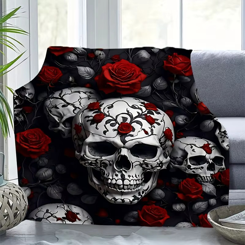 VIKAMA Flanell-Decke mit dunklem Skelett-Rosen-Design im Gothic-Stil, Farbe: Schwarz, B/T: 90 x 75 cm - Bild 4