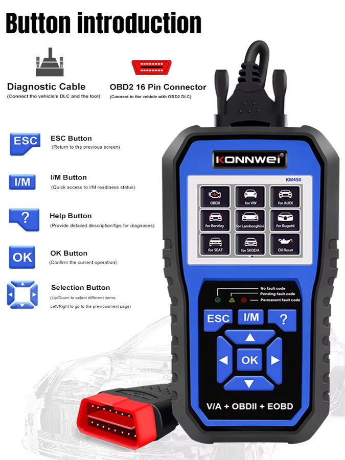 KONNWEI KW 450 OBD2-Diagnosetool Komplettsystem für VW Audi SEAT SKODA mit ABS Airbag Öl EPB DPF SRS und TPMS Reset Funktionen - Bild 5