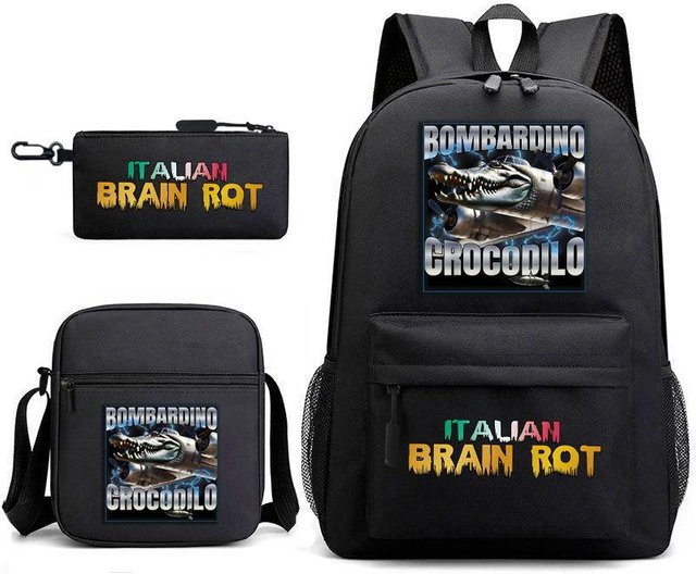 3-teiliges Schulrucksack-Set aus Oxford-Stoff in Schwarz mit Schultasche, Schultergurt und Federmäppchen - Bild 1
