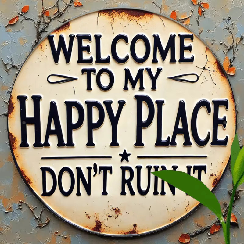 Rundes Metallschild CIFBUY Willkommen bei meinem Happy Place in Beige – Rustikale Eisen-Wandkunst für Schlafzimmer und Küche - Bild 4