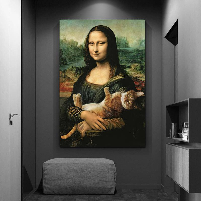 Vintage Mona Lisa mit Katze Leinwandgemälde als Wandkunst für dein Wohnzimmer, B/H: 40 x 30 cm, ohne Rahmen - Bild 2