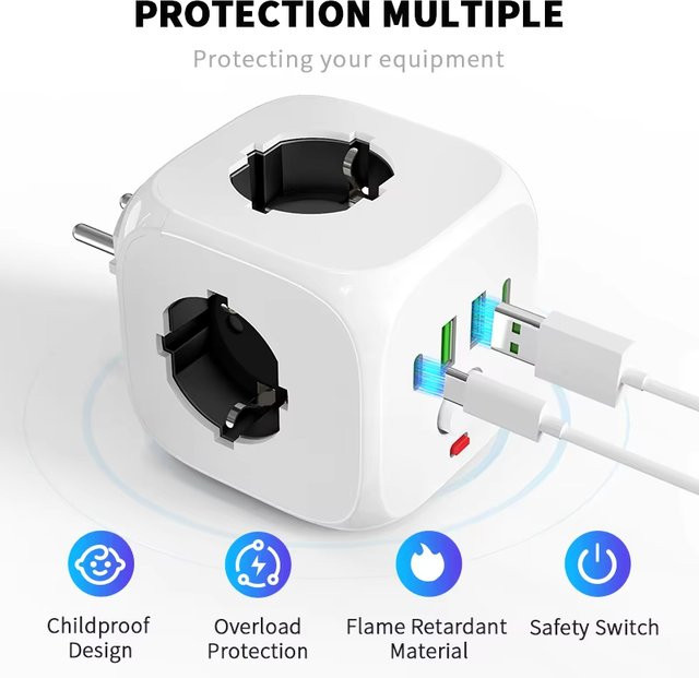 Szaoju 7-in-1 EU-Steckdosenadapter in Weiß mit 3 AC-Steckdosen, 2 USB-Anschlüssen und 2 USB-C-Anschlüssen inklusive Ein/Aus-Schalter - Bild 1